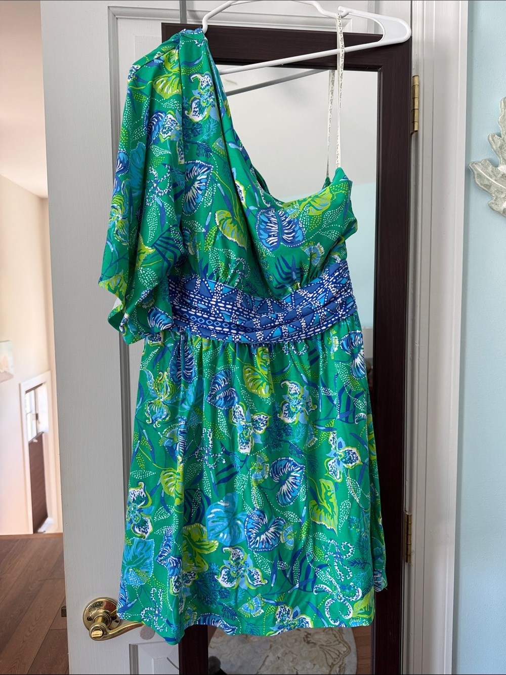 Lilly Pulitzer One-Shoulder Green and Blue Tropical Dress